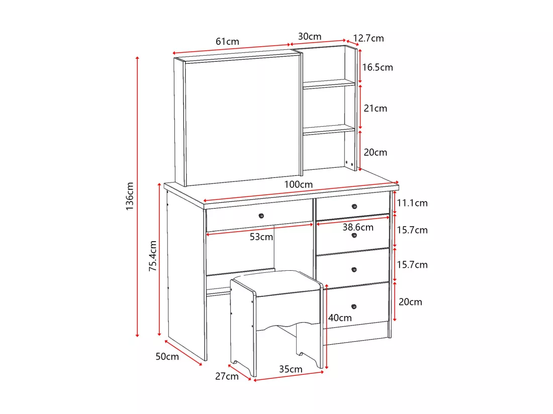 Coiffeuse avec miroir et 5 tiroirs Compariment ouvert Tabouret Blanc Chambre 50x100x135cm