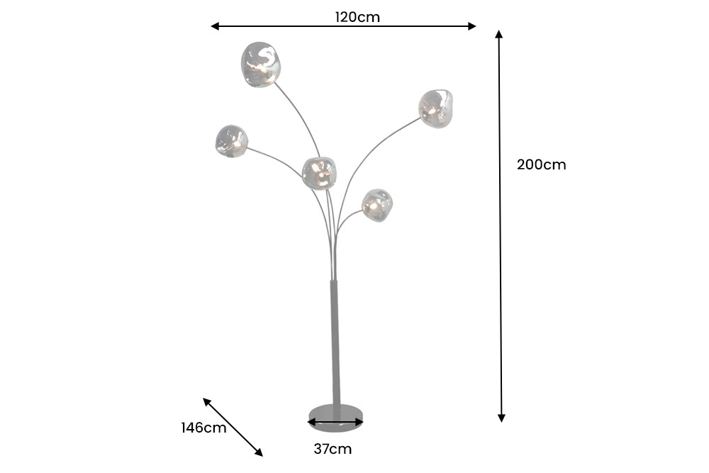 Design Stehlampe LIQUID DIAMOND 200cm schwarz smoke grau fünf Glasschirme mit Marmorfuß