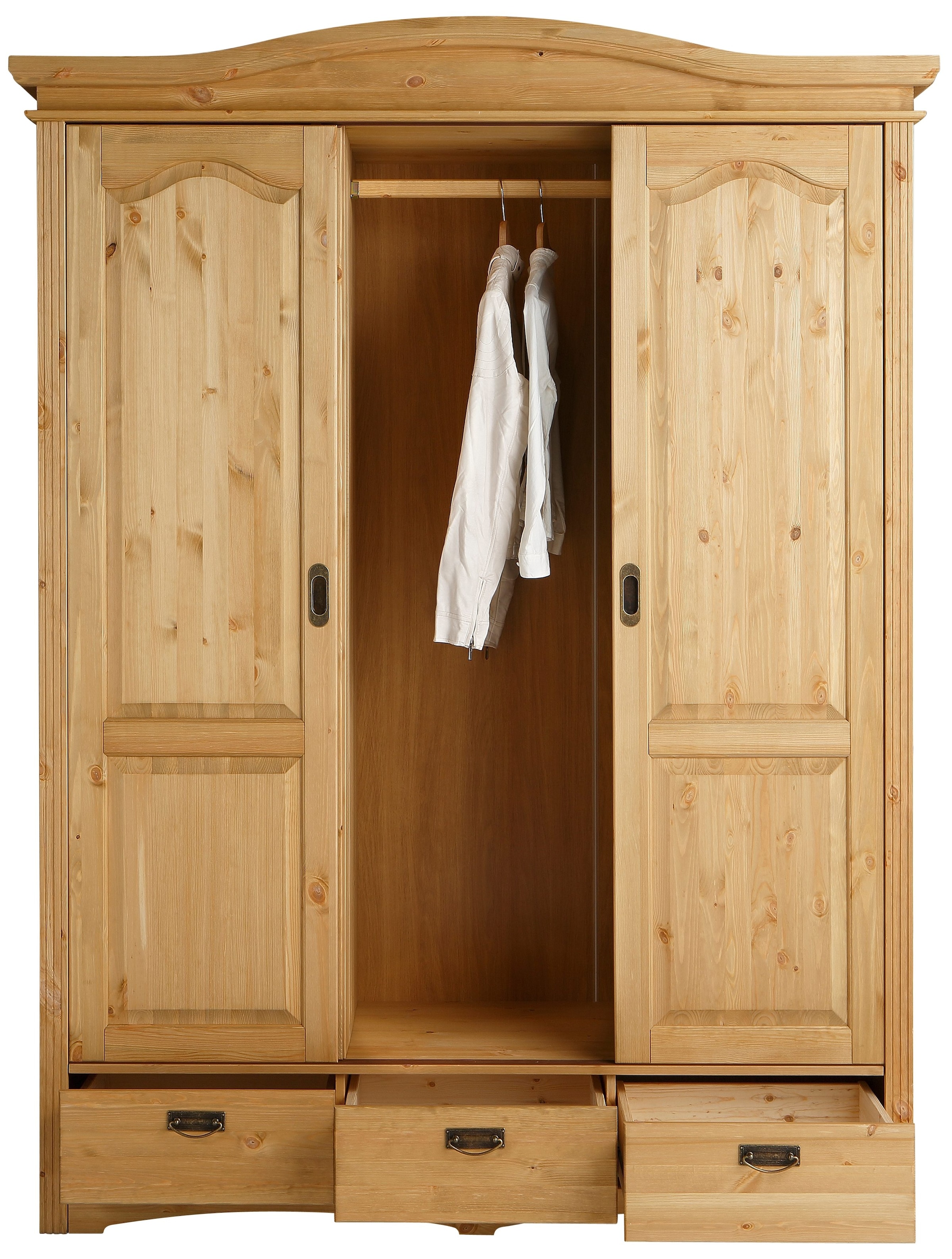 Home affaire Schiebetürenschrank »Konrad, Landhausstil, rustikal, mit Schubladen + Spiegel, Kassetten« 3 Breiten: 153/202/249 cm  H/T ca.207/64 cm,  massive Kiefer, FSC®-zertifiziert, Messinggriffe, mehrere Varianten