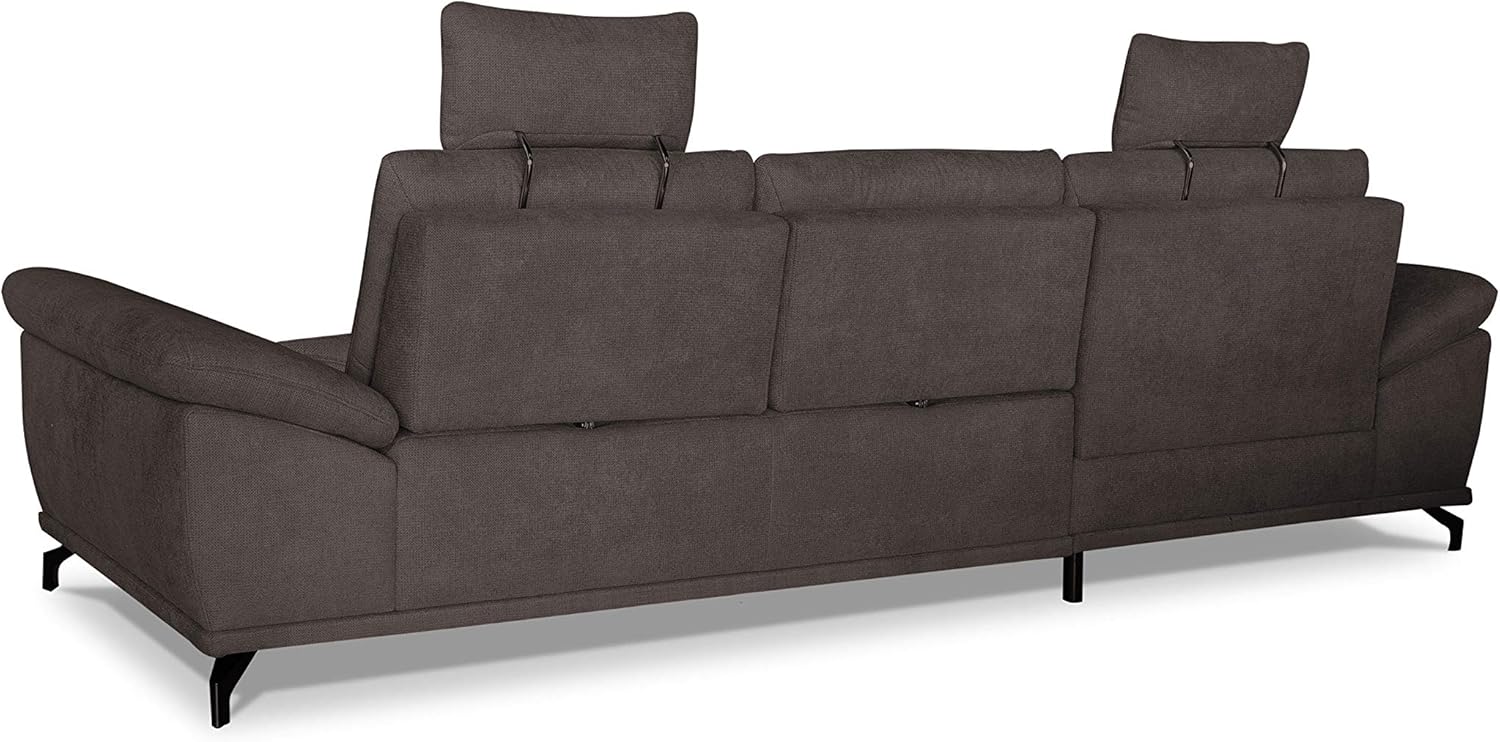 Cavadore L-Form-Sofa Castiel mit Federkern / Große Eckcouch mit Sitztiefenverstellung, Kopfstützen und XL-Longchair / 312 x 114 x 173 / Webstoff, Dunkelbraun