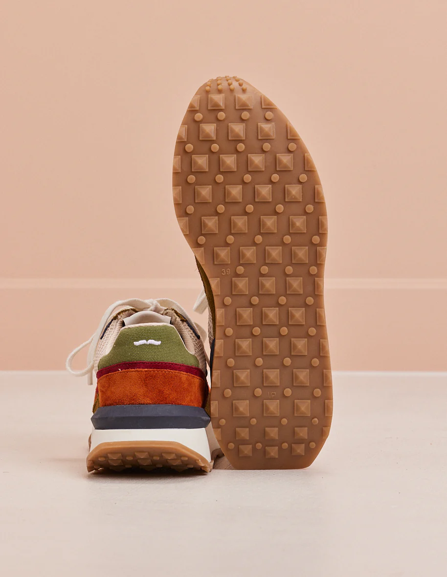Baskets basses Yaelle - Suède et mesh cognac beige kaki