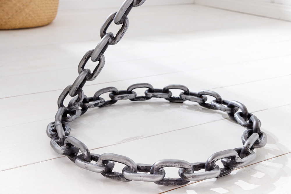 Design Beistelltisch CHAINS 35cm silber handmade Metall rund Glasplatte Kettengestell