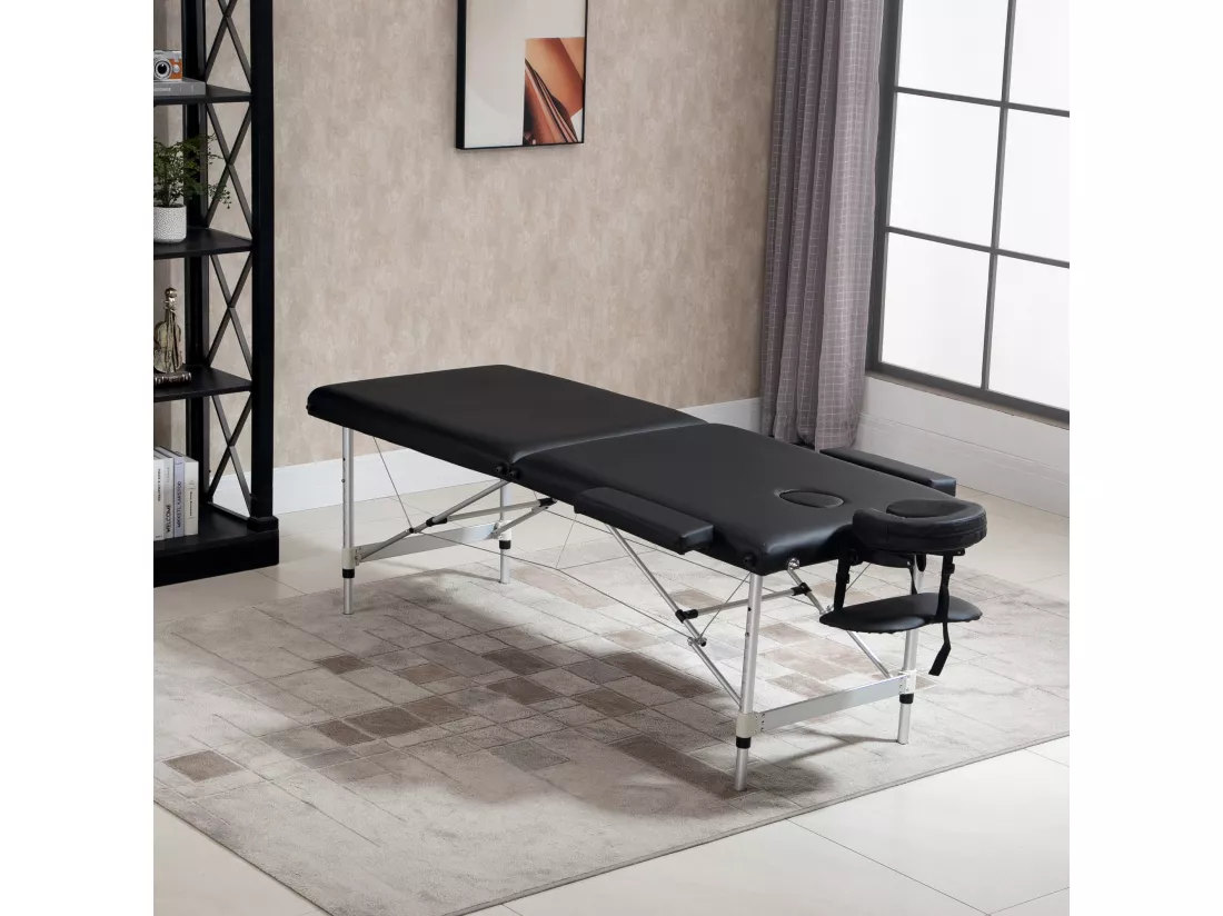 Table de massage pliable 3 zones hauteur réglable dim. 185L x 70l x 59-84H cm sac transport alu. synthétique PVC noir