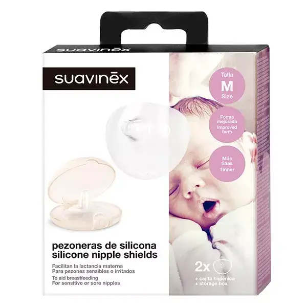 Protetores de mamilo de silicone para amamentação Suavinex, tamanho M, pacote com 2 unidades.