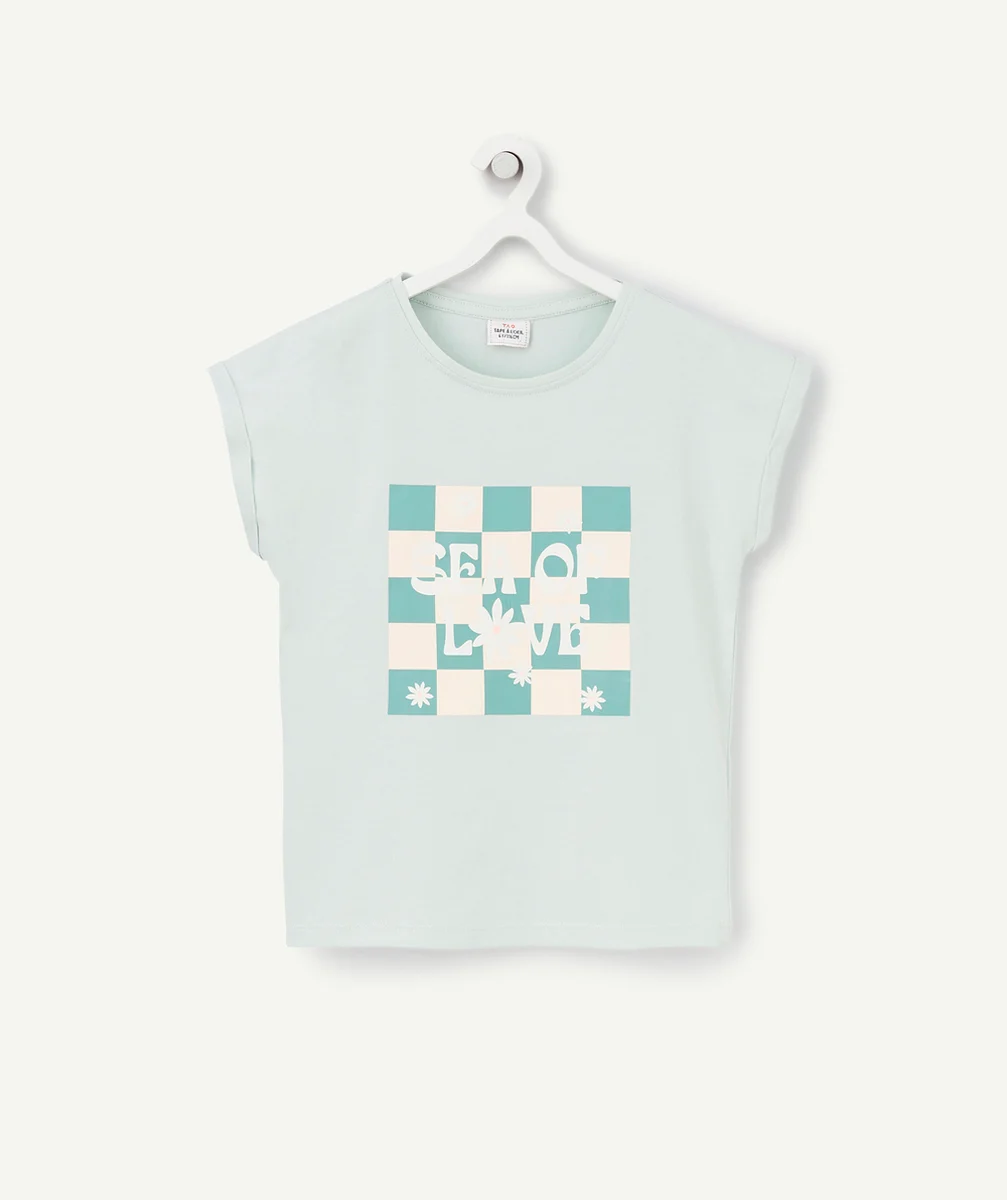 T-SHIRT FILLE EN COTON BIO VERT MENTHE AVEC MOTIF DAMIER ET FLEUR