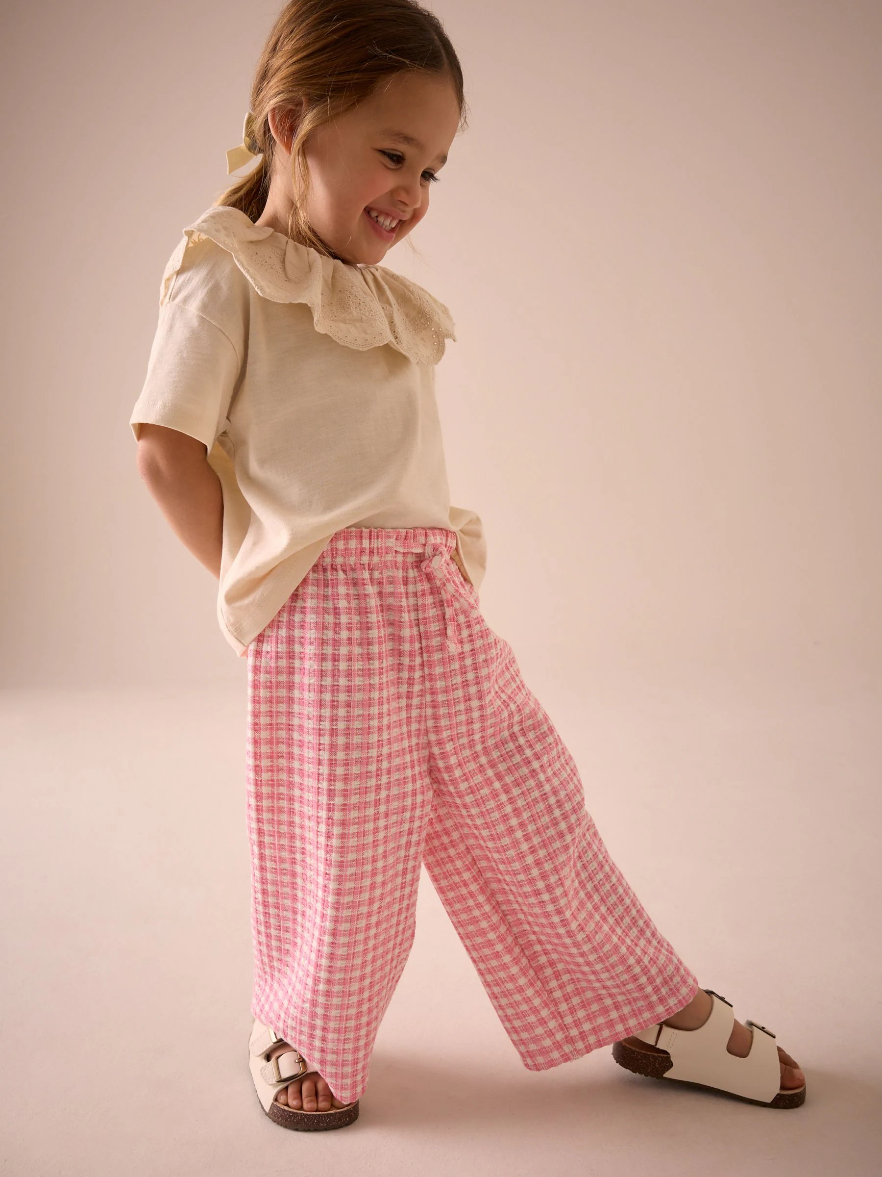 Roze gingham - Broek met wijde pijpen (3mnd -7jr)
