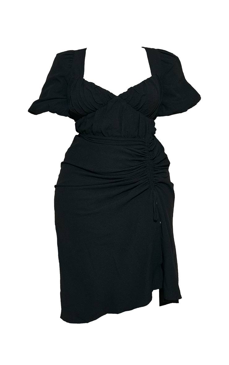 Noir Robe Midi Grande Taille À Manches Bouffantes Froncée Avec Fente Latérale