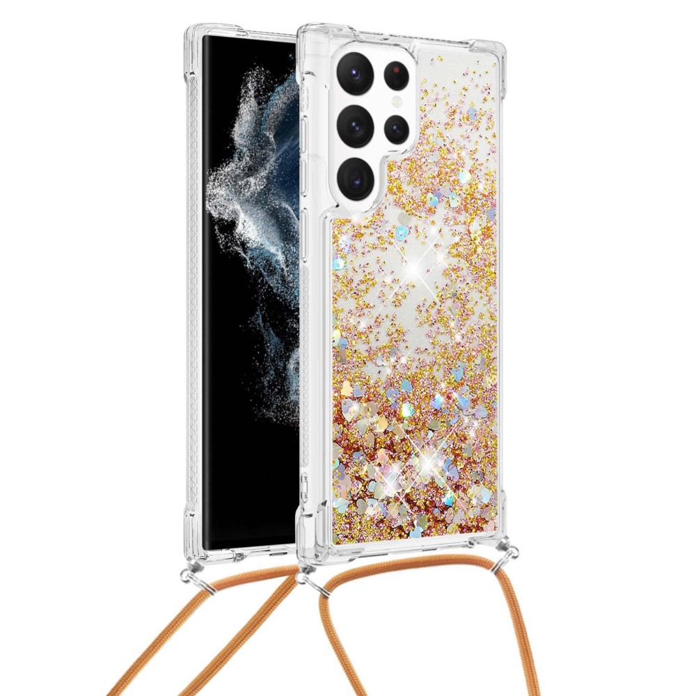 Samsung Galaxy S23 Ultra 5G Necklace Gummi Hülle Liquid Glitzer   Handykette (130cm) - Braun / Gold
