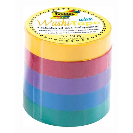 Folia Washi Tape, Klebeband aus Reispapier, Uni Basic, 5er Set, 10 m x 10 mm