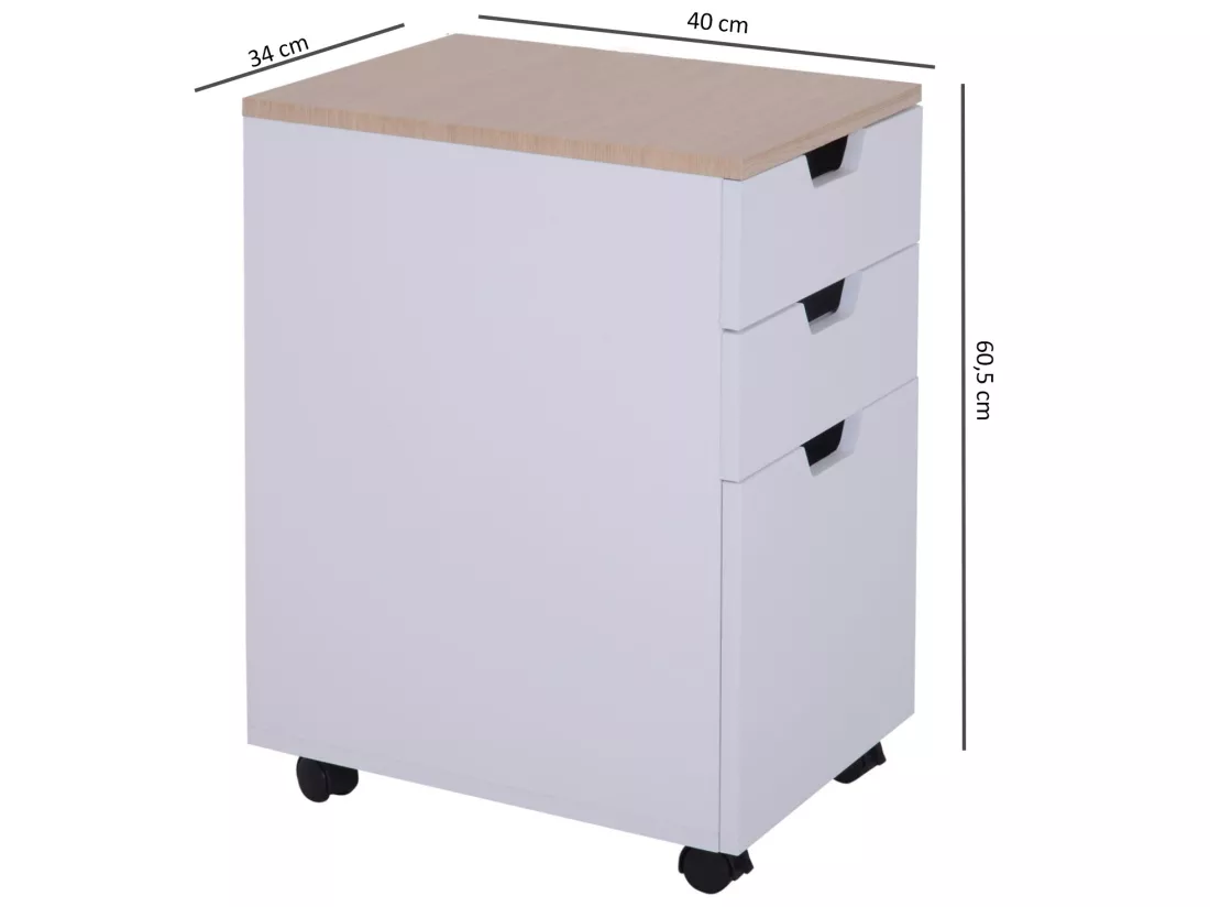HOMCOM Caisson de bureau rangement bureau sur roulettes 3 tiroirs coulissants dim. 34L x 40I x 60,5H cm MDF blanc bois clair