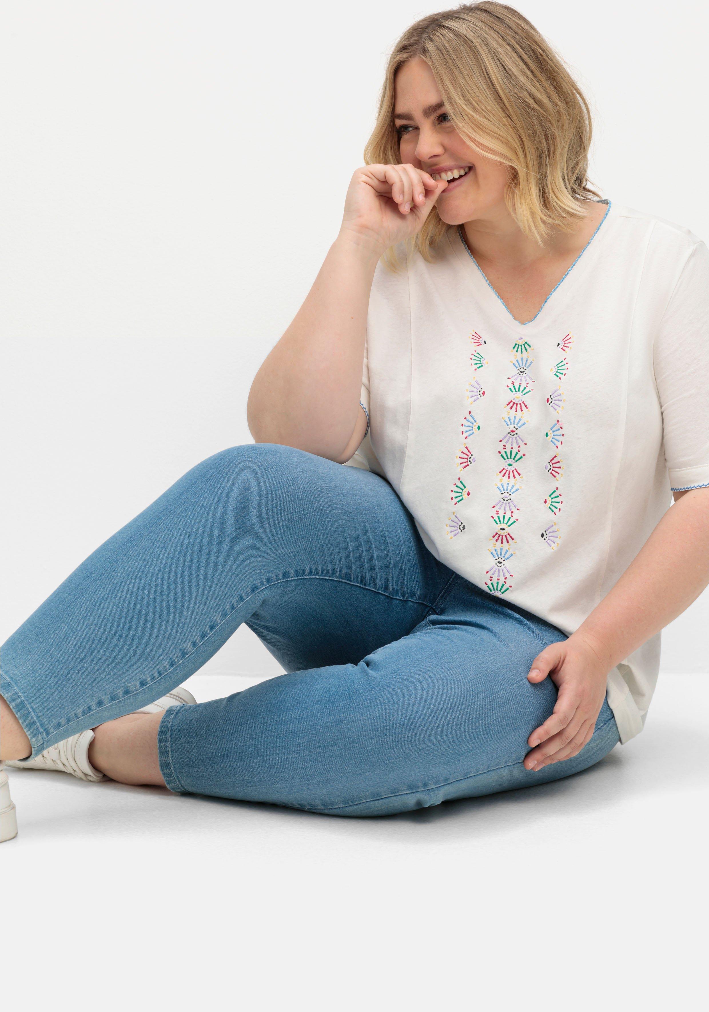 Shirt mit Stickerei, Leinen-Baumwoll-Mix