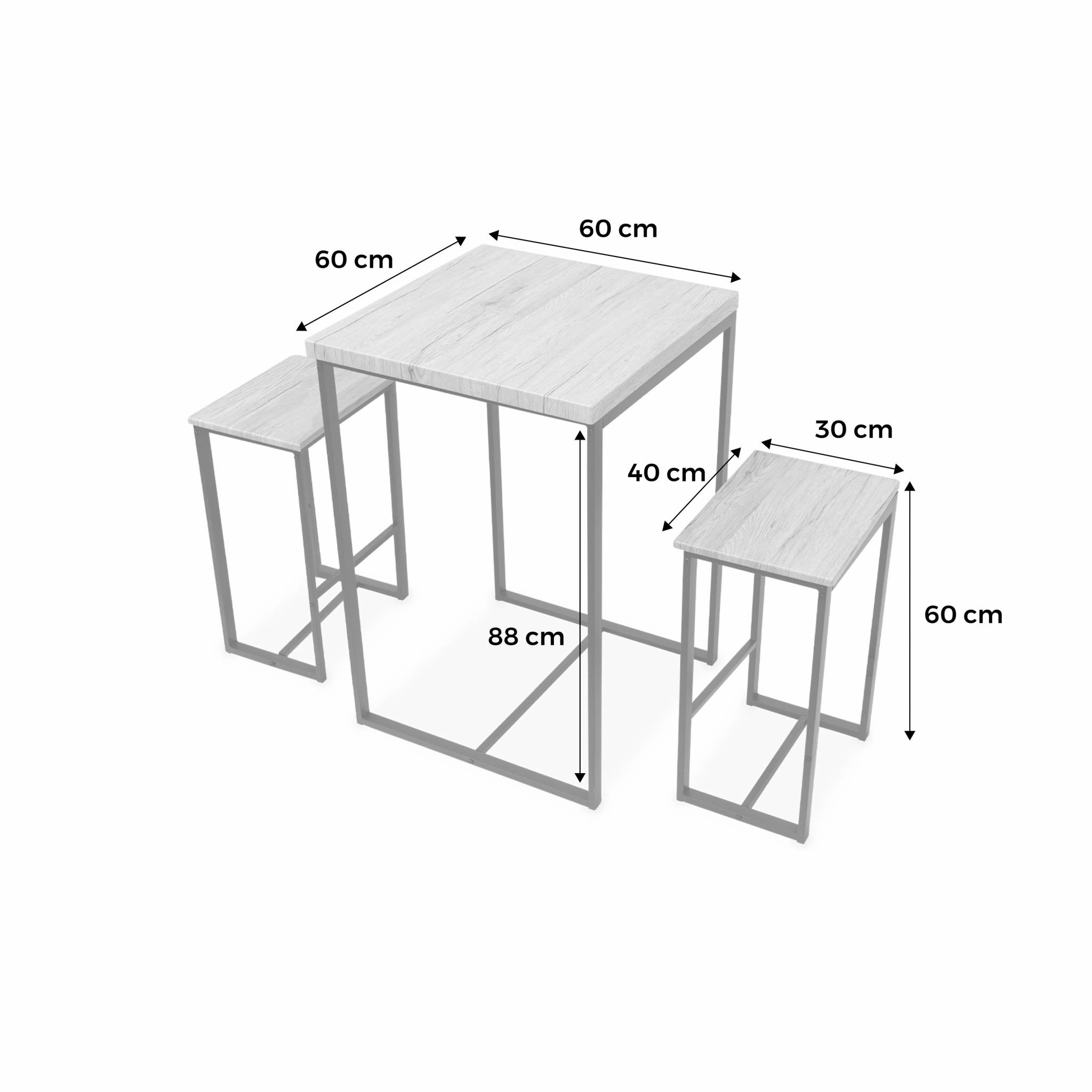 Set table haute carré - loft - avec 2 tabourets de bar. Acier et décor bois. Encastrable. Design