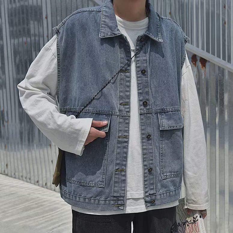Cowpow - Gewassen denim cargovest met kraag en knopen
