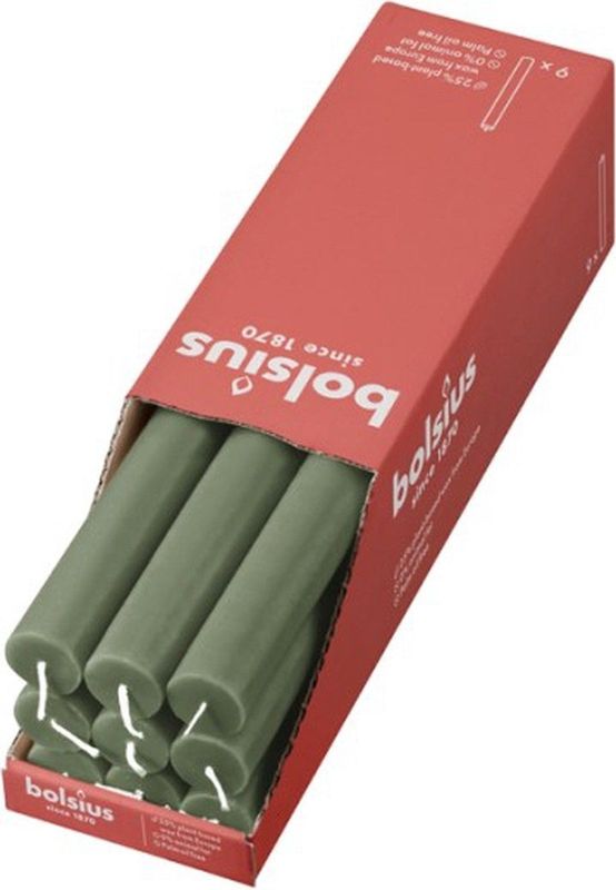 Bolsius - Dinerkaars Rustiek - Olijfgroen - Set van 9 - Vegan Wax
