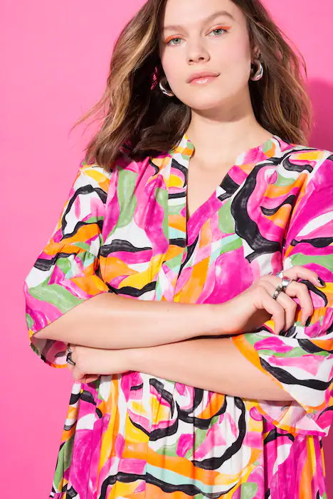 Maxikleid, abstrakter Print, 3/4-Ärmel, Volants, neon pink