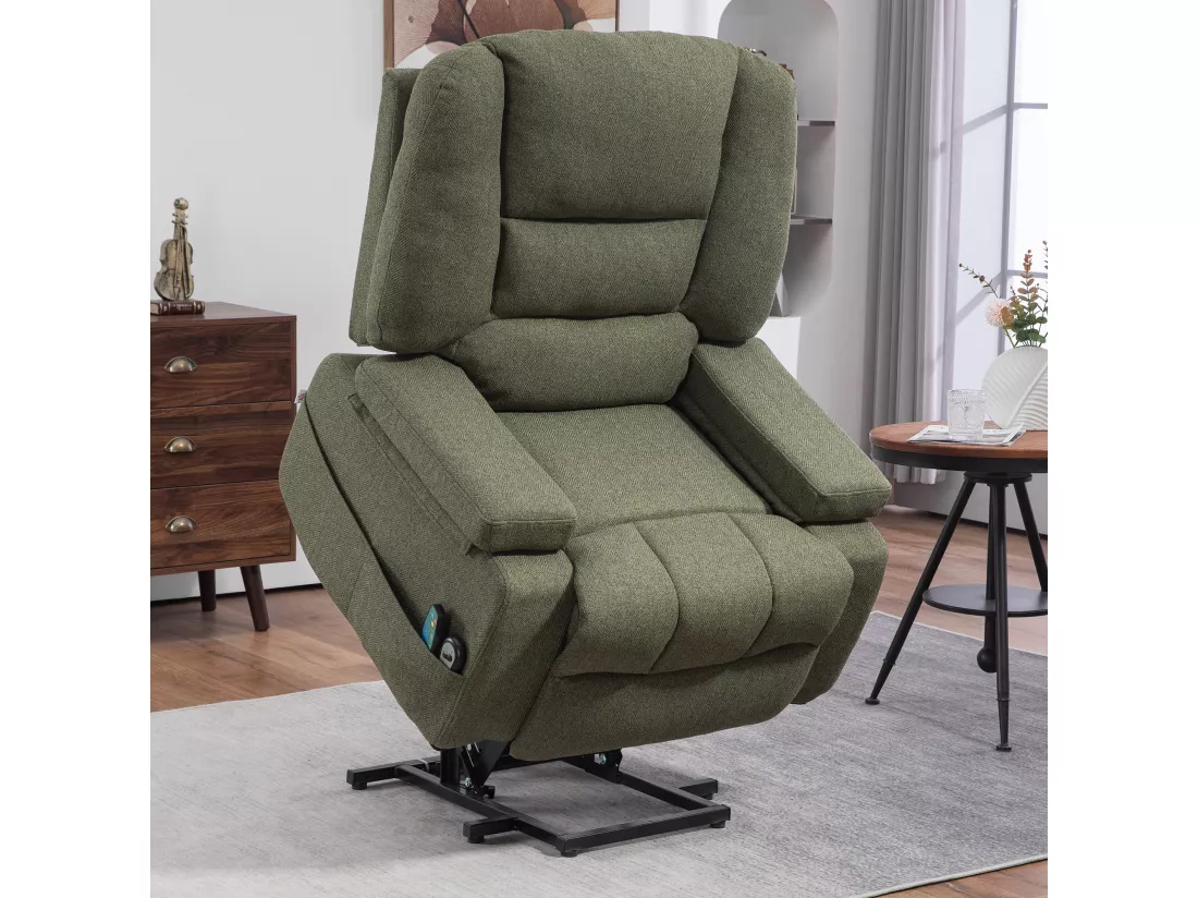 Fauteuil releveur électrique massant chauffant inclinable - repose-pied intégré, 2 télécommandes - tissu vert