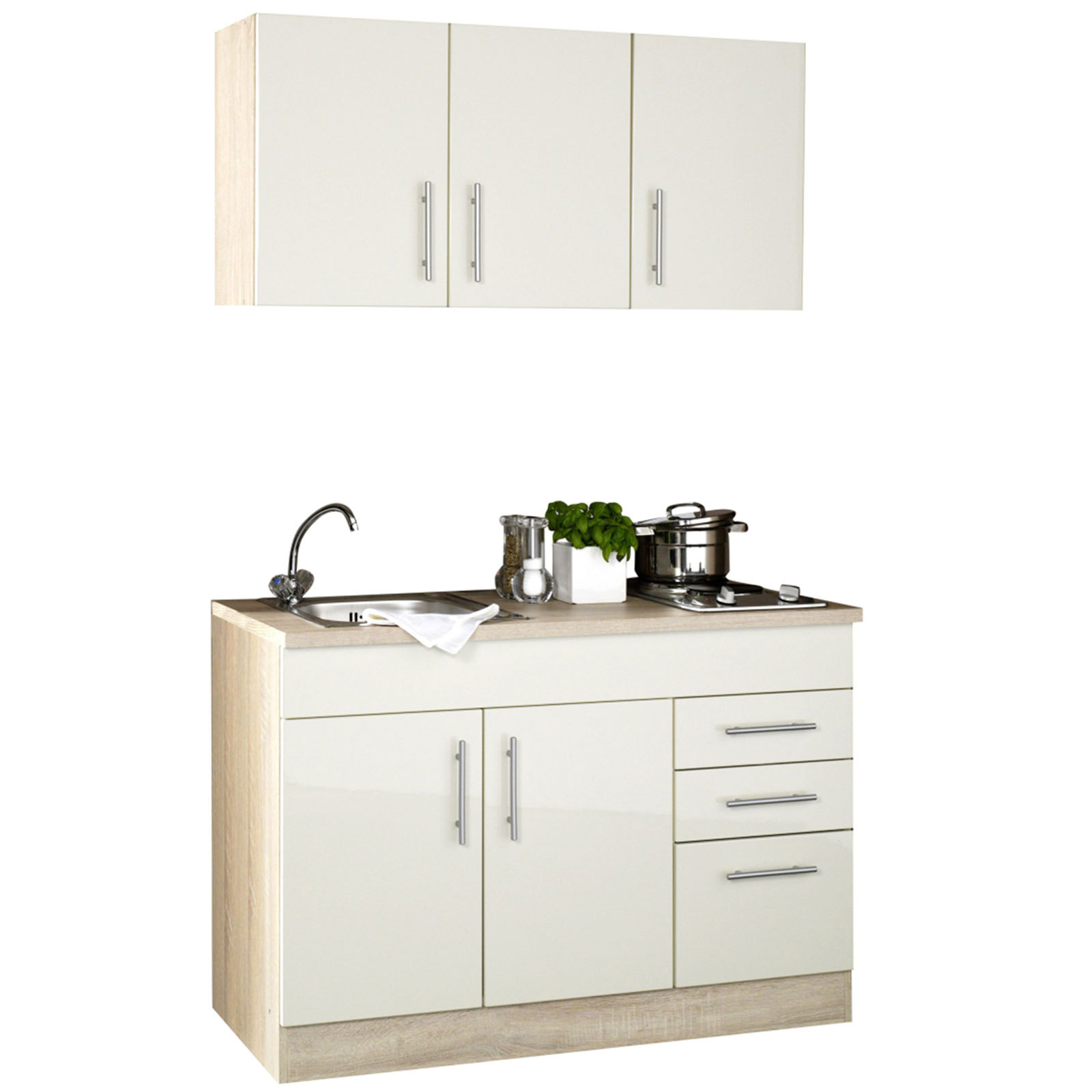 Single-Küche TORONTO - creme Hochglanz - mit Kochfeld - 120 cm