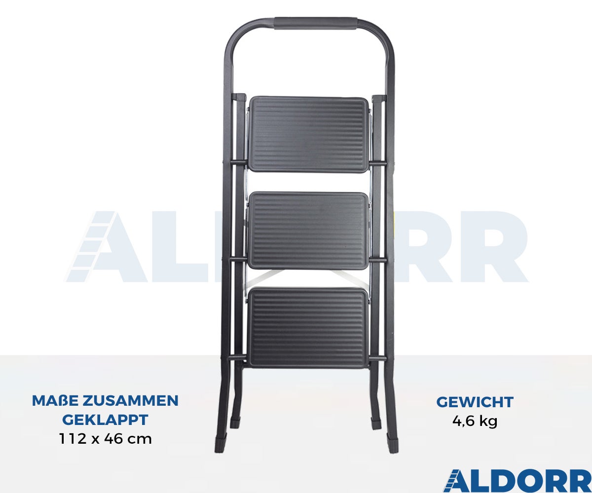 ALDORR Home - Opvouwbare trap 3 treden huishoudladder Opvouwbare trap van hoogwaardig aluminium - Zwart