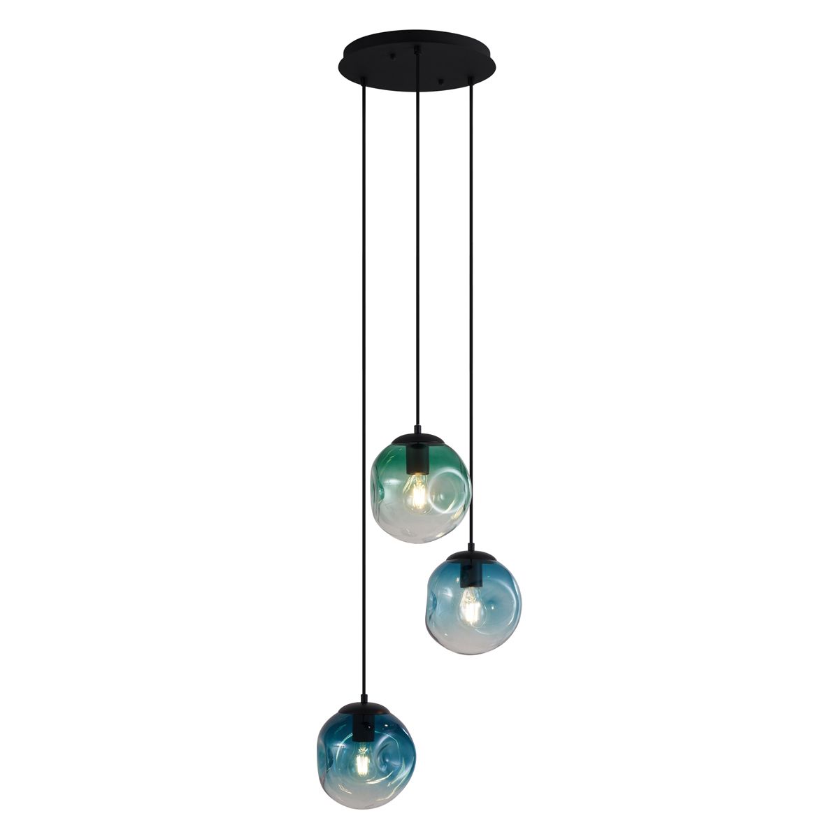Art deco hanglamp zwart met blauw en groen glas 3-lichts - Douglass