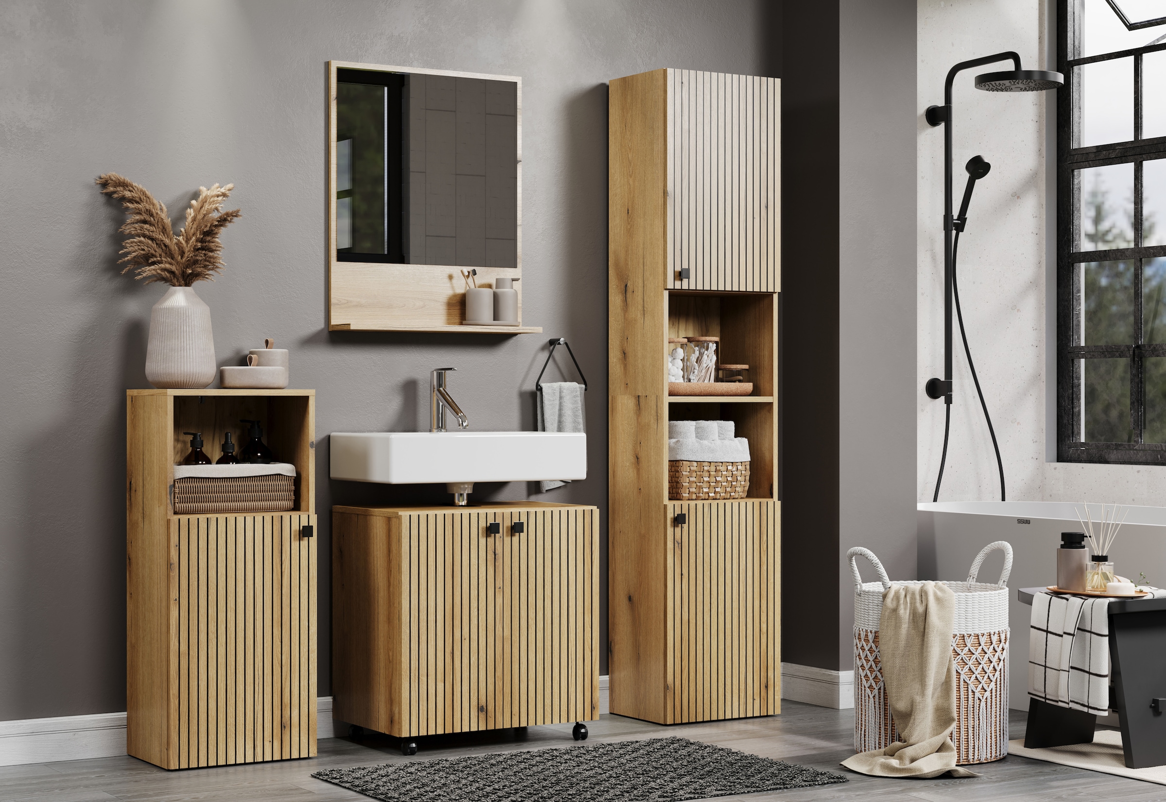 welltime Badmöbel-Set »Amrum Waschbeckenunterschrank Spiegel Hochschrank Badschrank« Komplett-Set, 4 Stk. tlg.