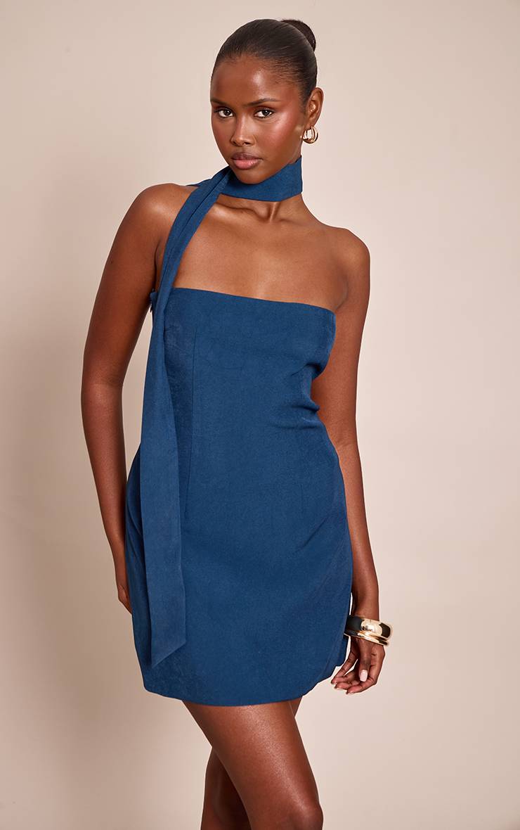 Bleu Robe Droite Bandeau À Détail Foulard Tissé