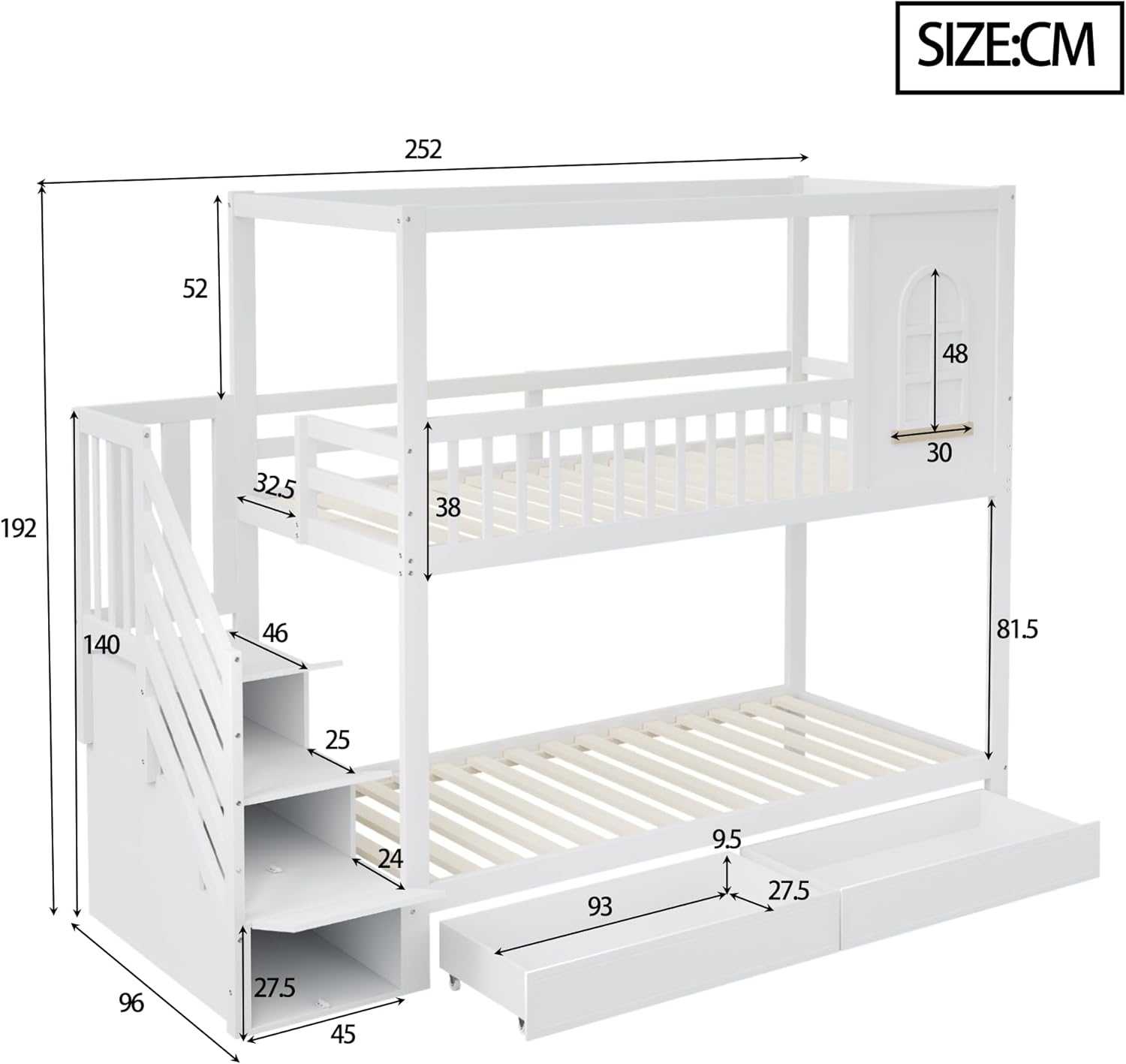 Etagenbett Kinderbett 90x200 für 2 Kinder, Hausbett Hochbett mit Treppe & 2 Stauraum Schubladen, Holzbett Bettgestell mit Rausfallschutz und Lattenrost, Kiefer Rahmen, Ohne Matratze (Weiß)