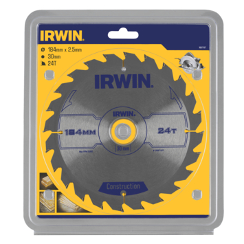 Irwin cirkelzaagblad Ø184 mm. Inclusief reduceerringen waardoor geschikt voor asgat 16, 20 en 30 mm, vertanding 24T