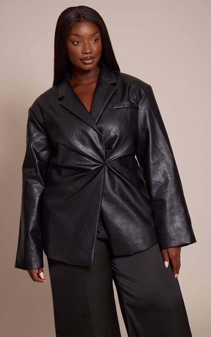 Noir Blazer Grande Taille En Synthétique Avec Taille Cintrée