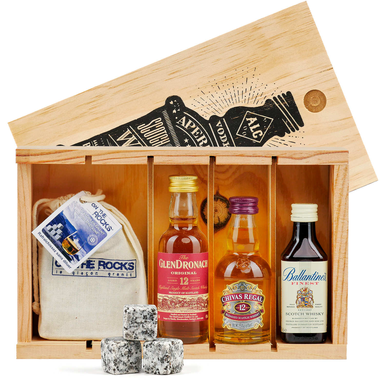 Coffret cadeau whisky - 3 Mignonnettes + 10 pierres à whisky