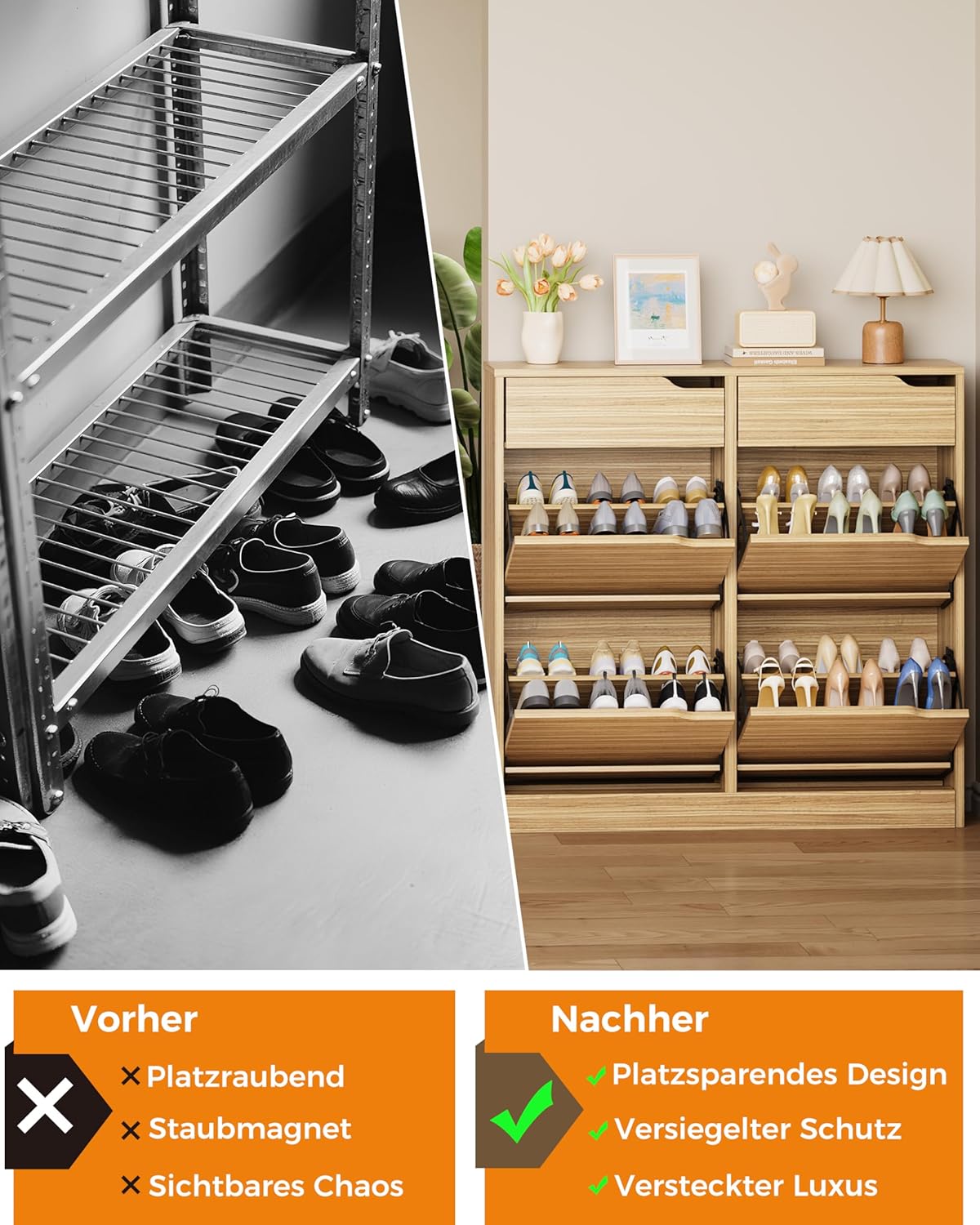 IRONCK Schuhschrank mit 4 Klappen, Schuhkipper Schmal mit 2 Schubladen, freistehendes Schuhregal, Schuhkommode mit verstellbaren Trennwände, Schuhablage Schrank für Flur Eingang und Wohnzimmer (Holz)
