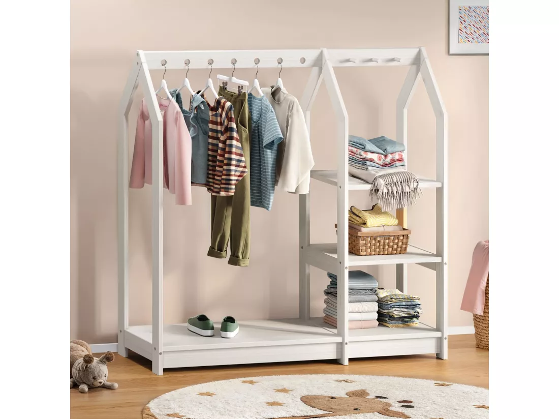 Penderie Enfant SALLY H 120 cm en Bois Massif Blancl avec Étagères, Portant Enfant Montessori Dressing avec Tringle