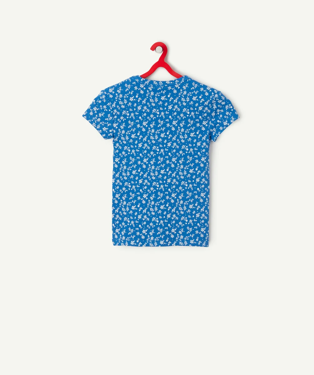 t-shirt manches courtes fille en coton bio côtelé bleu électrique et imprimé fleuri