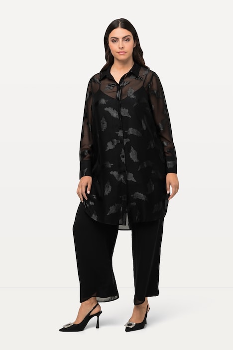 Longbluse, Chiffon, Metallic-Federn, Hemdkragen, Langarm