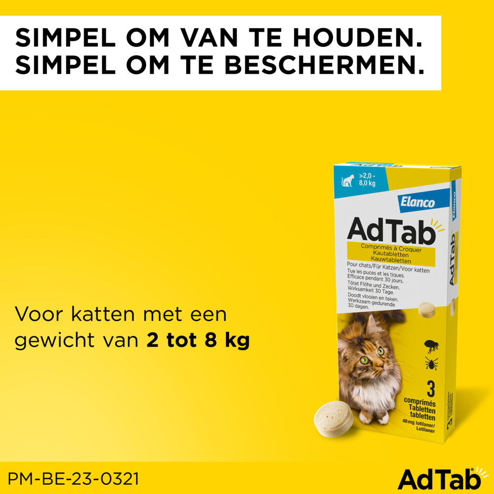 AdTab Anti Vlo en Teek Kauwtabletten Kat >2,0-8,0 kg3 tabletten