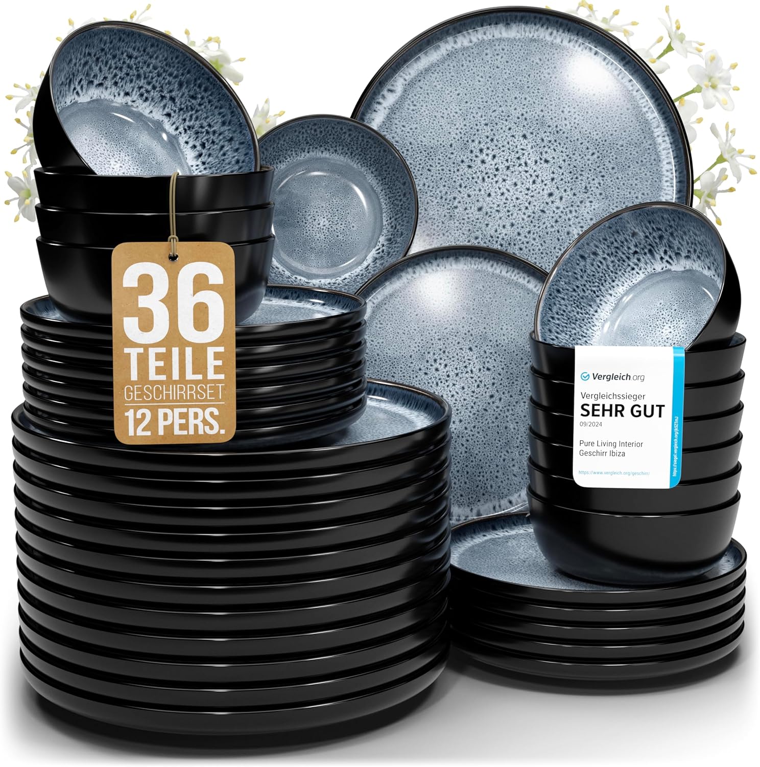 Steingut Geschirrset 12 Personen Ibiza 36 tlg. TESTSIEGER, Traumhaftes Mediterranes Steingut Geschirr Set, Schüssel- und Teller Set, Tafelservice 12 Personen, Geschirrsets Pure Living in Rauchblau