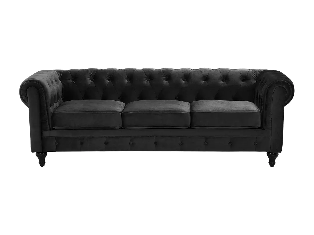 Canapé 3 places en velours noir CHESTERFIELD