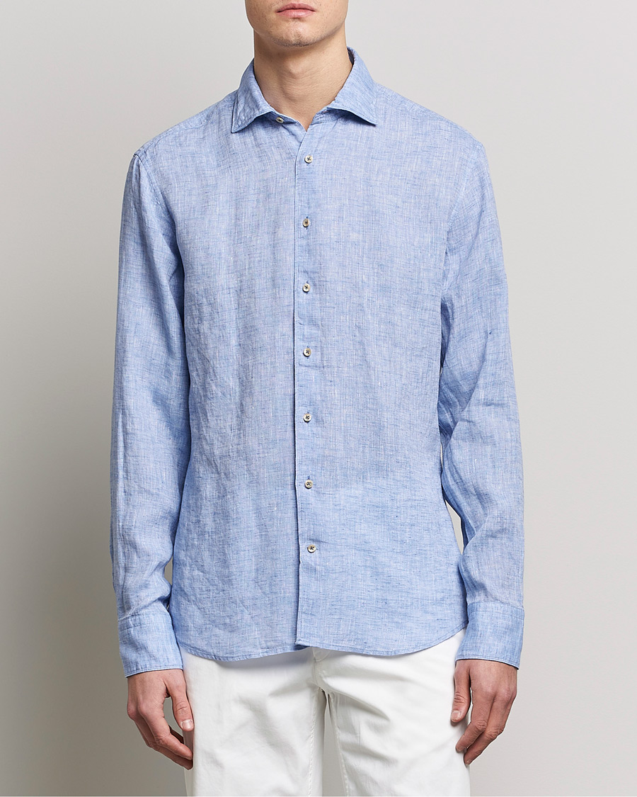 Stenströms Fitted Body Cut Away Linen Shirt Blue