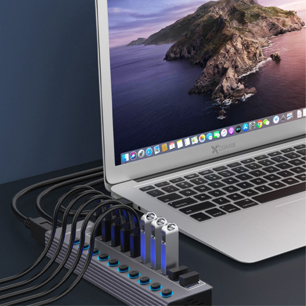 (17cm) 10-fach USB 3.0 Hub Aluminium Adapter mit USB Port Steuerung Tastenschalter 5GB/s   Netzteil (12V/3A) - Grau