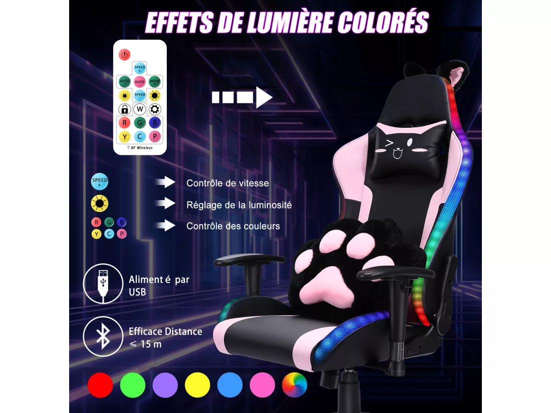 Chaise de jeu avec haut-parleurs, vidéo et lumière RGB, chaise ergonomique de course, fauteuil inclinable en cuir PU, chaise d'ordinateur pivotante pour e-sport avec appui-tête, accoudoirs, support lombaire (repose-pieds, LED, haut-parleurs, rose)