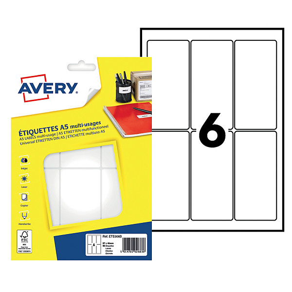96 étiquettes blanches multifonctions Avery 97 x 46 mm