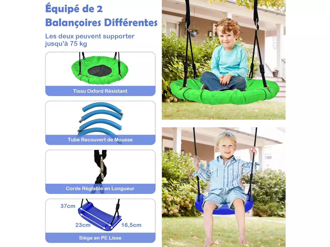 5 en 1 Balançoire Enfants Extérieur avec Panier de Basket, Balançoire Nid d'Oiseau Ø66 cm et en U avec Hauteur Réglable, Filet & Echelle d’Escalade, Charge 75kg pour 3-12 Ans