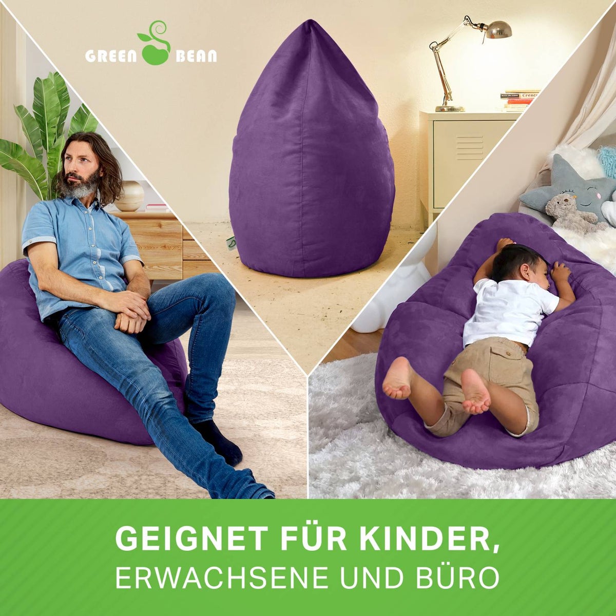 Green Bean zitzak met rugleuning 60x60x90cm - Binnenzitkussen 220L vulling, comfortabel, wasbaar - Zitzak vloerkussen, loungestoel, voetenbank - paars