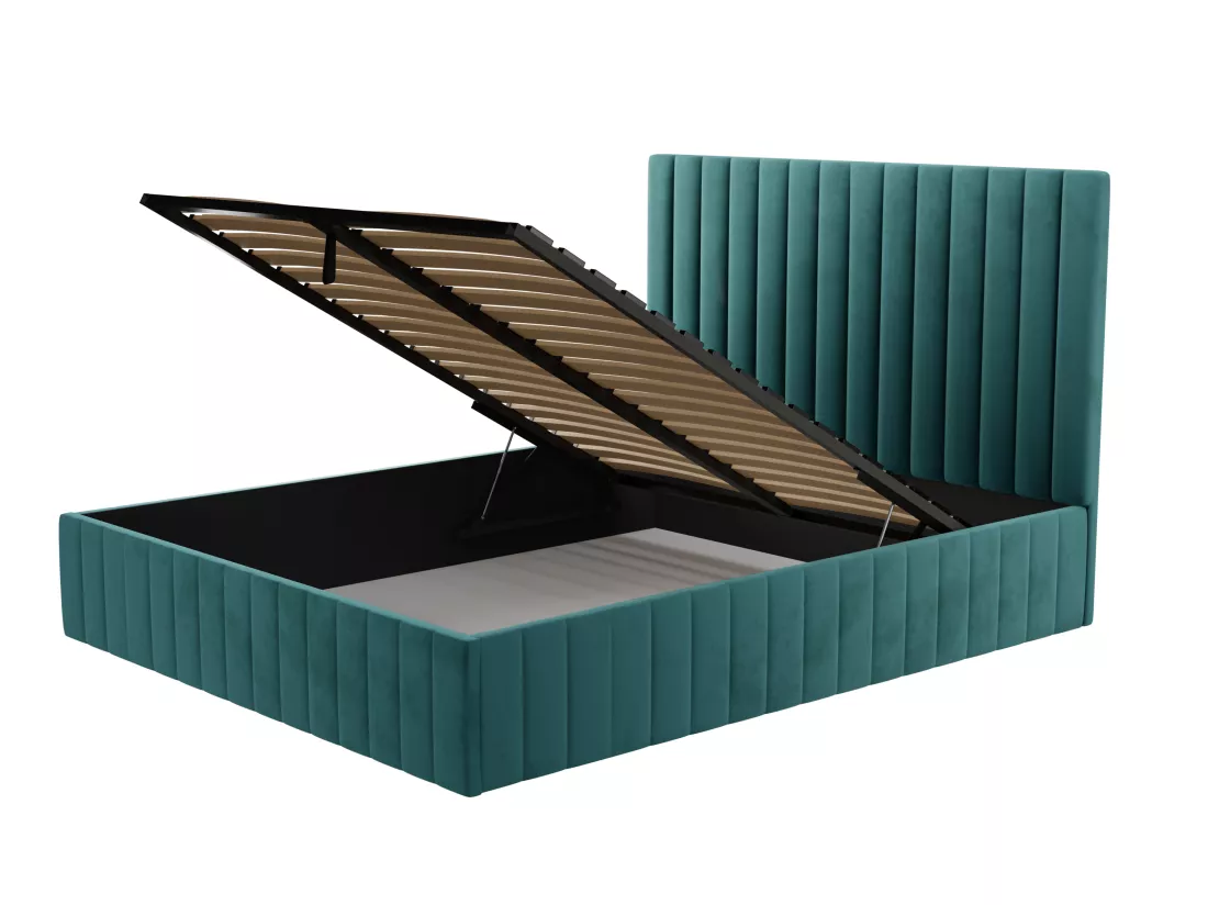Lit coffre 180 x 200 cm avec tête de lit coutures verticales - Velours - Bleu canard + Matelas - LARALI de Pascal Morabito