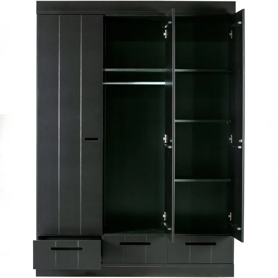 WOOOD Connect Kledingkast 3-Deurs met Lade - Grenen -Zwart- 195x140x53
