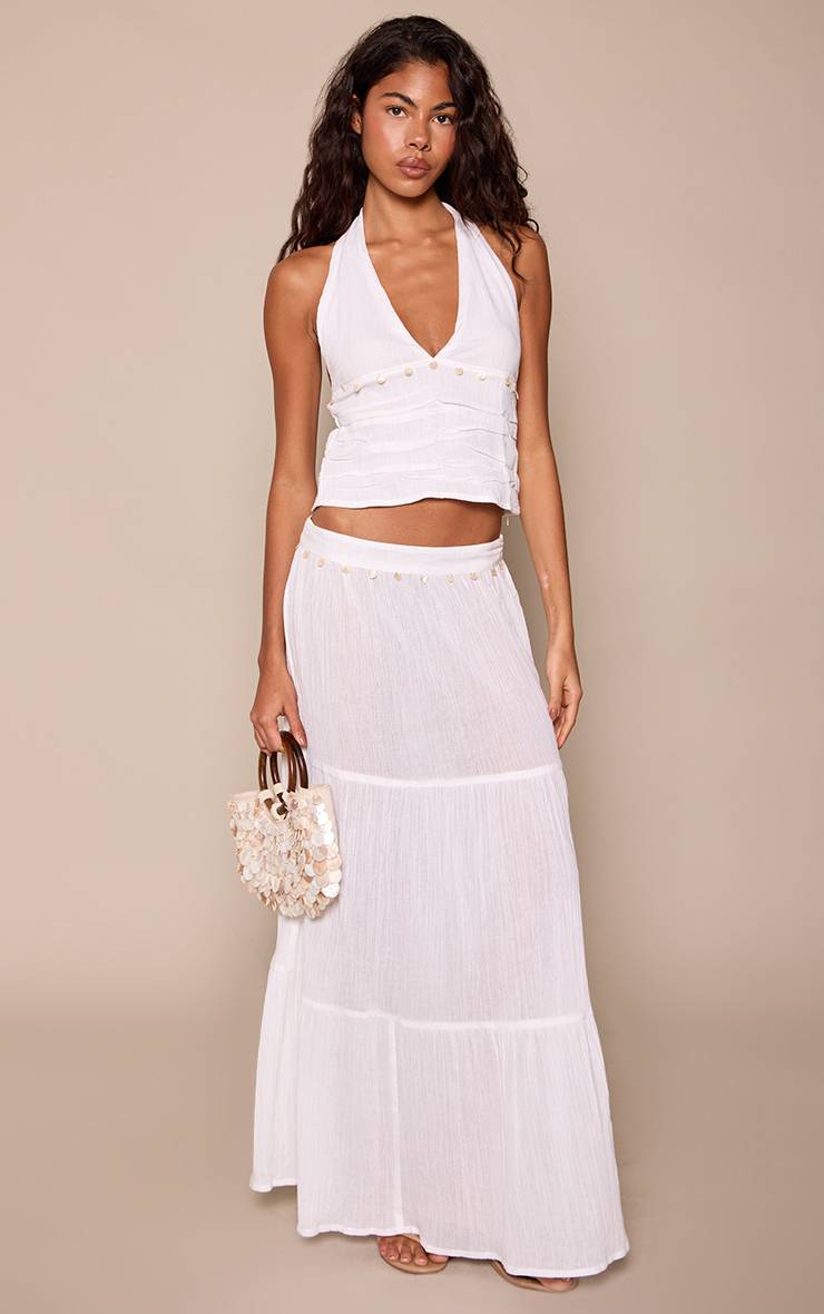 Blanc Jupe Longue En Coton À Détails Sequins Coordonnée