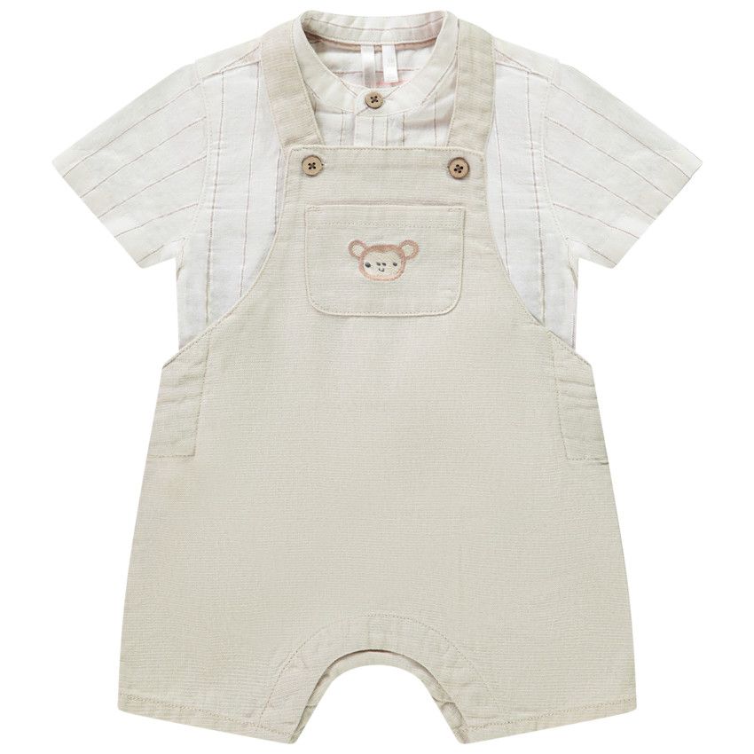 Ensemble salopette courte + chemise manches courtes rayées pour bébé garçon - Ecru