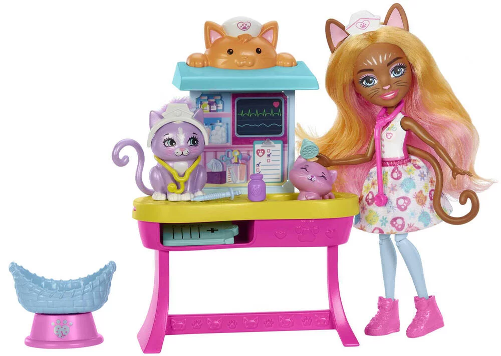 ENCHANTIMALS - POUPEE ET COFFRET BETES CITADINES CABINET DU DOCTEUR CHAT