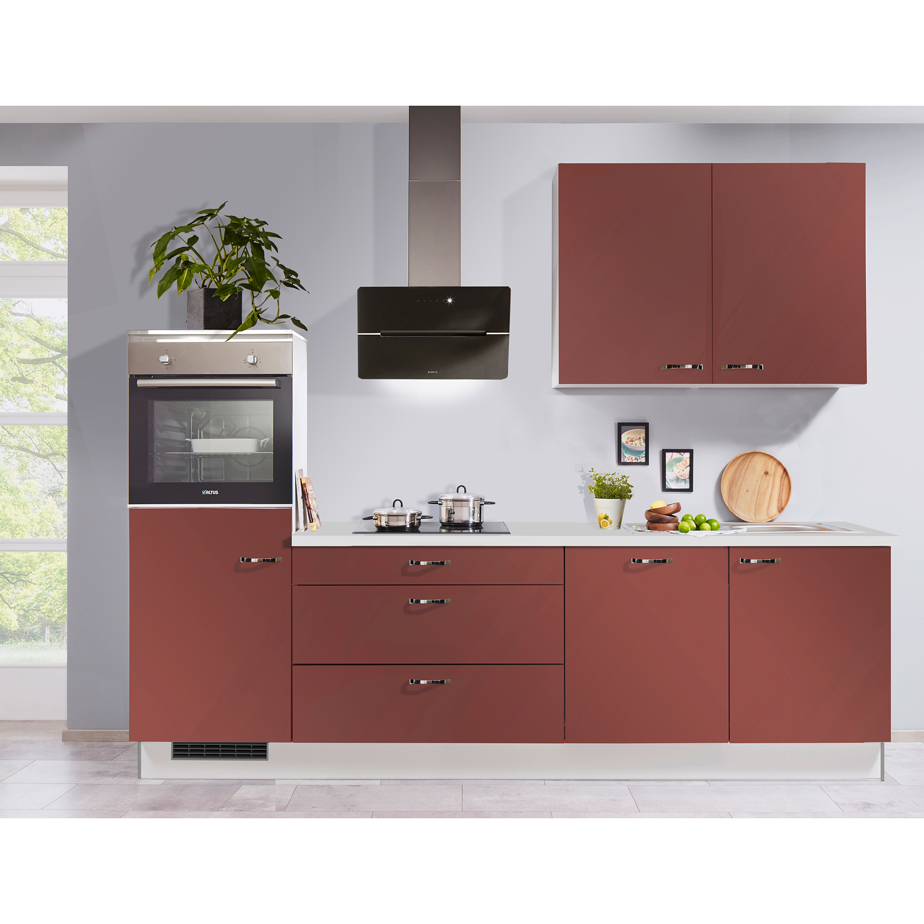 Küchenblock PN105 - Rubinrot - weiß - mit E-Geräten - Kühlschrank links - 280 cm