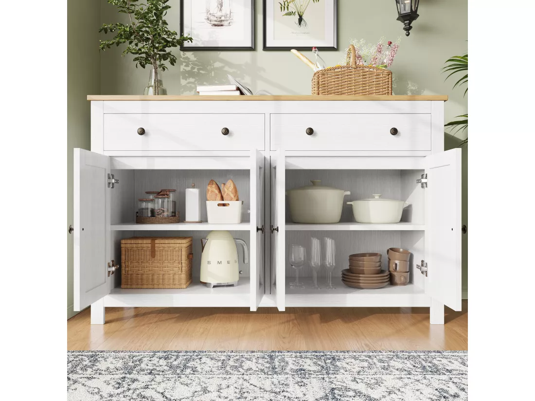 Buffet de cuisine avec 2 tiroirs et 4 portes - 140 x 40 x 89 cm - Bois MDF - Blanc + naturel