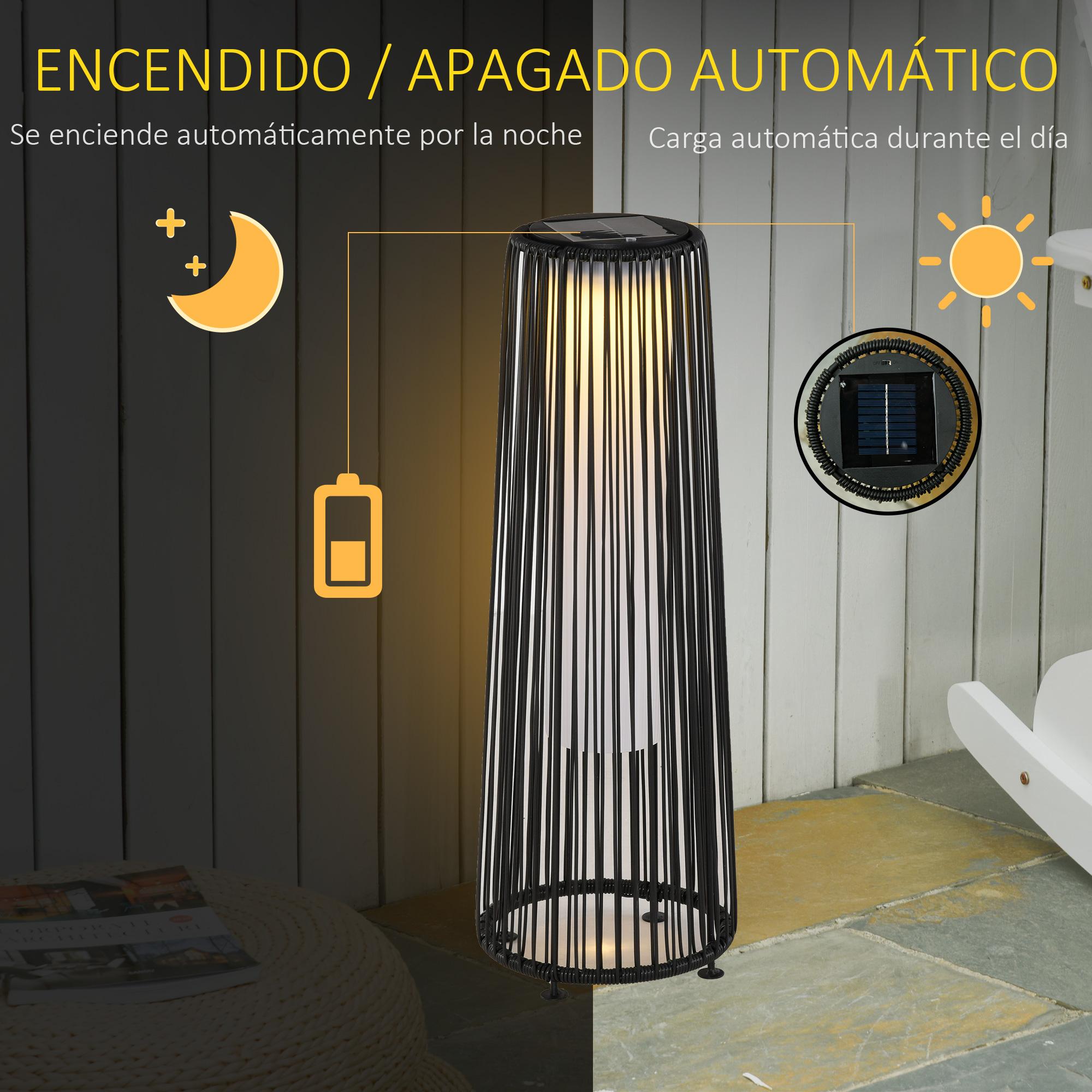 Luminária de chão Outsunny em vime de rattan com energia solar, LED de 0,8 W, interruptor de controle automático de luz, decoração para exteriores, Ø21,5 x 61 cm, preta.